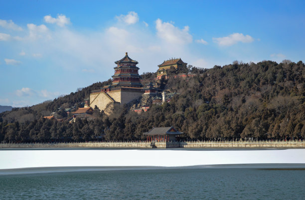 北京颐和园，冰冻的昆明湖边的佛香塔图片下载
