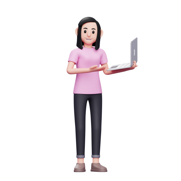 女性展示了一个笔记本电脑3d渲染角色插图图片下载