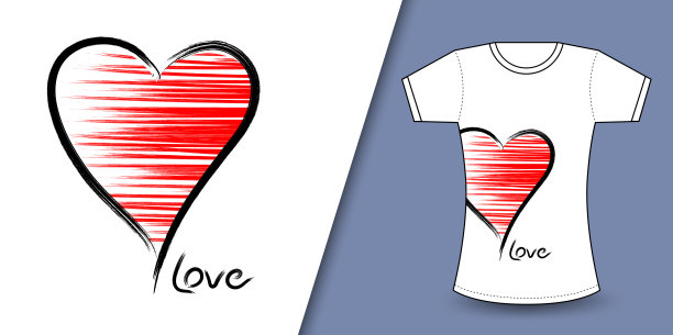 红心和爱的文本标志情人节矢量，T恤设计为快乐的情人节模板，服装打印，T恤模型，女性时尚，手绘的心矢量插图图片下载