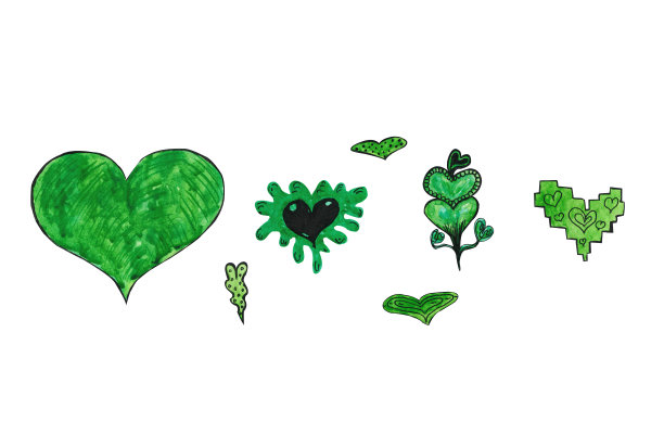 水彩套天鹅绒绿色的心，各种形状和装饰，在白色的背景为您的设计情人图片下载