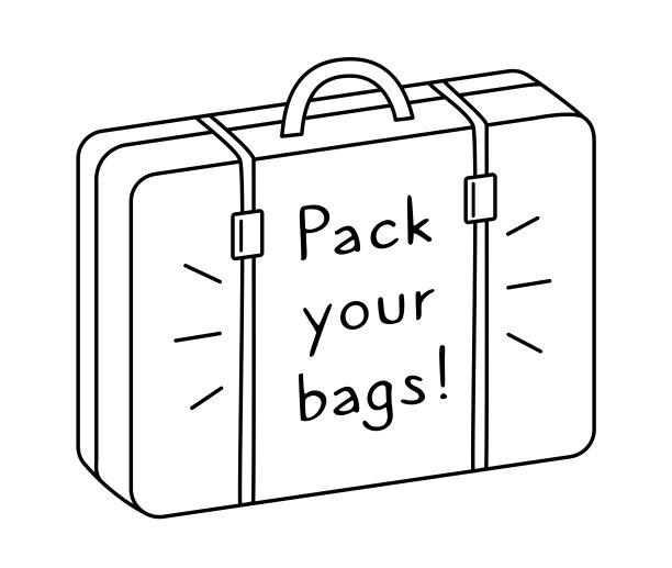 印有“收拾你的行李!”字样的老式手提箱。旅行袋示意图。概念度假，自驾游，旅游，旅行。手绘的矢量插图的行李。黑色线条孤立在白色背景上。图片下载