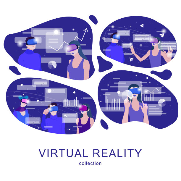 一套插图与人在VR耳机，探索数字接口和数据工作。图片下载