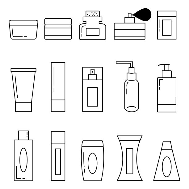 美容店细线图标集:皮肤护理，霜，凝胶，有机化妆品，肥皂分配器，头发护理，面部油，洗发水。图片下载