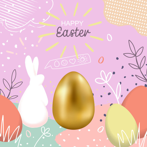 快乐的复活节手绘封面与现实的鸡蛋和兔子图片下载
