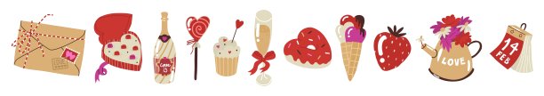 情人节快乐。集所有情人节装饰元素于一身。巧克力，香槟，纸杯蛋糕，甜甜圈，冰淇淋，草莓，棒棒糖。矢量插图的彩色平面风格。孤立的元素。图片下载