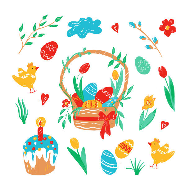 收藏复活节快乐对象，设计元素。手绘、五彩缤纷的。Сute复活节快乐套装。图片下载
