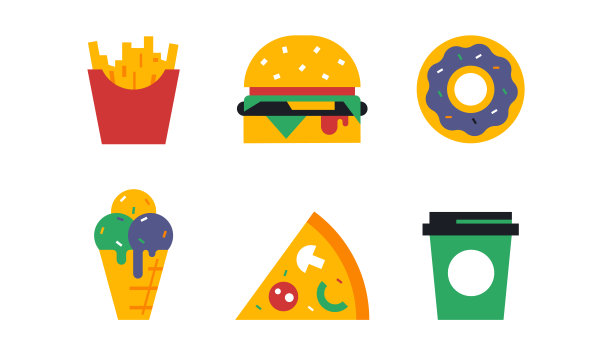 快餐。薯条，汉堡，甜甜圈，冰淇淋，一片披萨，一杯咖啡。垃圾食品，好吃。矢量插图孤立在白色背景上。图片下载