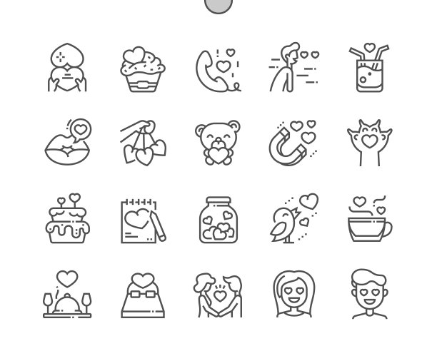 情人节2月14日。爱瓶子。日历。2月14日。假期。婚礼蛋糕。泰迪熊。像素完美向量细线图标。简单的最小的象形图图片下载