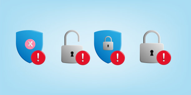 3D卡通集数据安全漏洞警报概念，盾和挂锁与警告标志图片下载