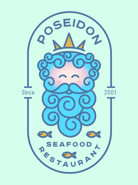 波塞冬图标。海鲜餐厅标志。古希腊一神，头戴金色王冠，椭圆形徽章上有小鱼。图片下载