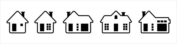 房子的图标集。拥有车库图标收藏的家。主页符号，房地产和住宅。简单的平面设计矢量插图。图片下载