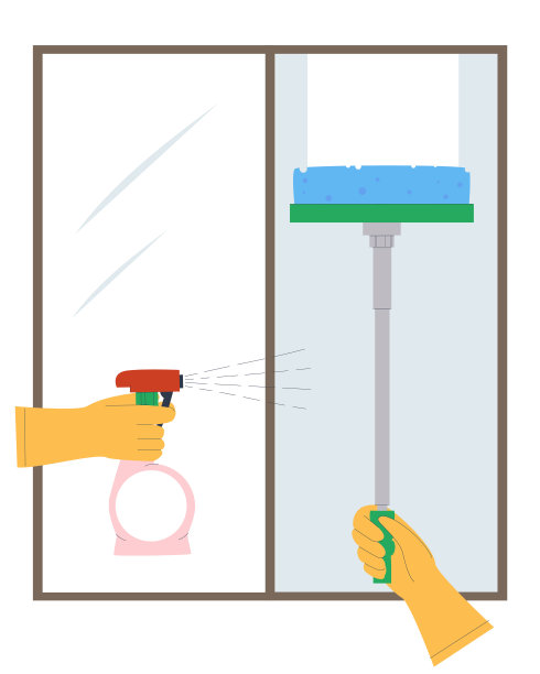 用特殊的喷剂和擦窗拖把清洗脏窗户。清洁服务。平面向量图片下载