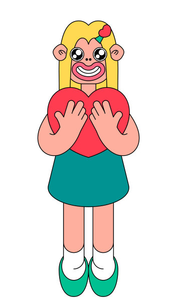 抱着一颗心的滑稽女孩。白色背景上的一个女人的卡通形象。一个可爱的女孩在情人节的照片，她的手拿一颗心。向量。图片下载