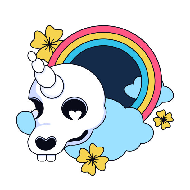 童话cliché现代诠释。独角兽头骨上的彩虹，云彩和四叶三叶草卡通风格。孤立的图像在白色背景。矢量插图。图片下载