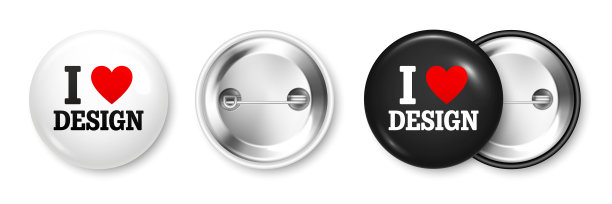 现实的白色和黑色徽章与文字和红心。我爱设计。3D光滑圆形按钮。销徽章模型。矢量图图片下载
