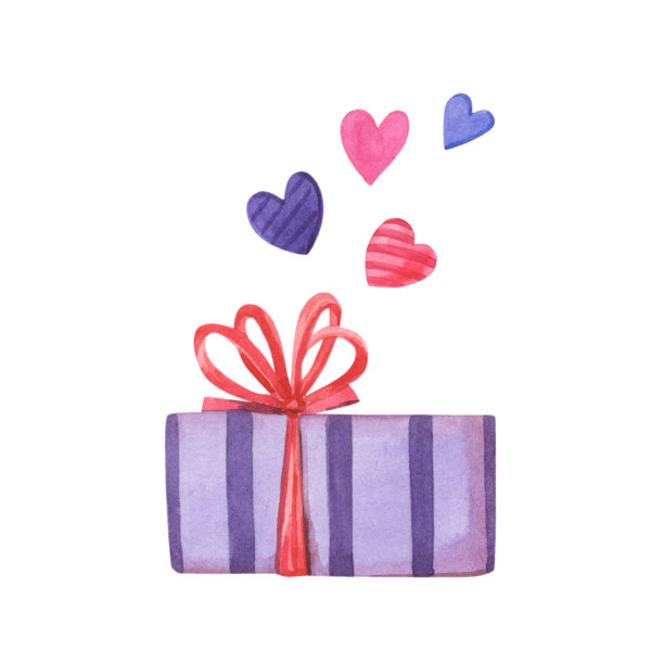 水彩礼盒，粉色，紫色心形。情人节的水彩画图片下载
