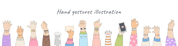 手势插图集。矢量可爱涂鸦卡通女性和男性的手在不同的衣服，手表和配件。日本风格的画。图片下载