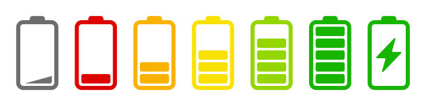 电池图标集。电池图标与容量和充电指示灯图片下载