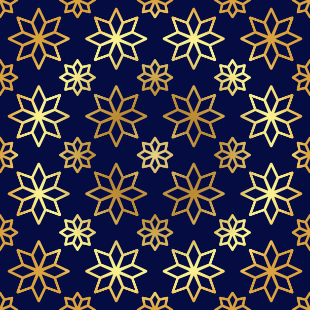 无缝图案，深蓝色背景上的金色小花。图片下载