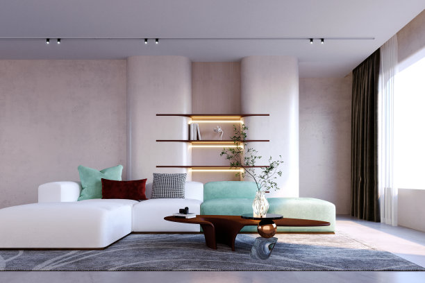 配有嵌入式书架的客厅。图片下载