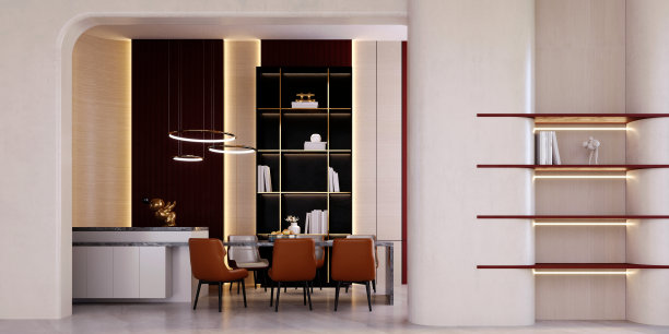 有棕色椅子的用餐区。图片下载