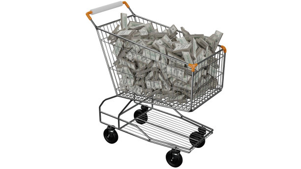 购物车超市购物篮购物车装满了钱在白色背景与剪辑路径图片下载