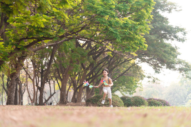 男孩玩风车，在公园里奔跑，跳跃，对暑假的自由或环境的概念图片下载