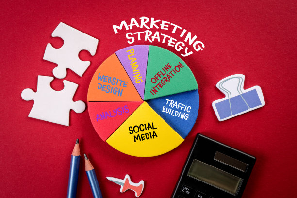 营销策略的概念。分析和规划，办公室物品以红色为背景图片下载