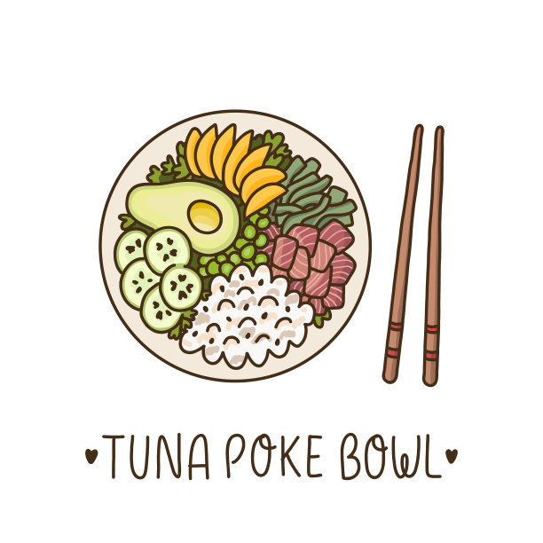 金枪鱼碗-夏威夷菜，米饭配金枪鱼，鳄梨，芒果，黄瓜和海藻。它可以用于菜单，横幅，海报和其他营销材料。矢量图像。图片下载