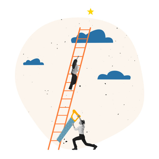 当代艺术拼贴。嫉妒女商人锯梯子下成功员工图片下载