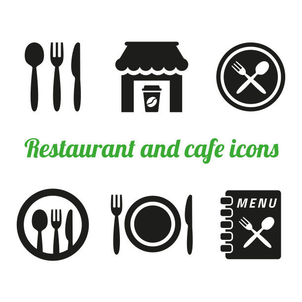 餐厅和咖啡馆的图标设置在白色背景。图片下载