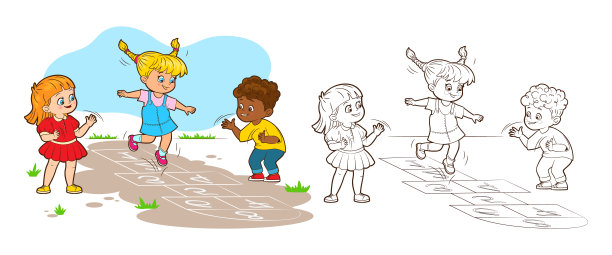 两个女孩和一个男孩正在跳房子。矢量插图在卡通风格，黑和白线图片下载