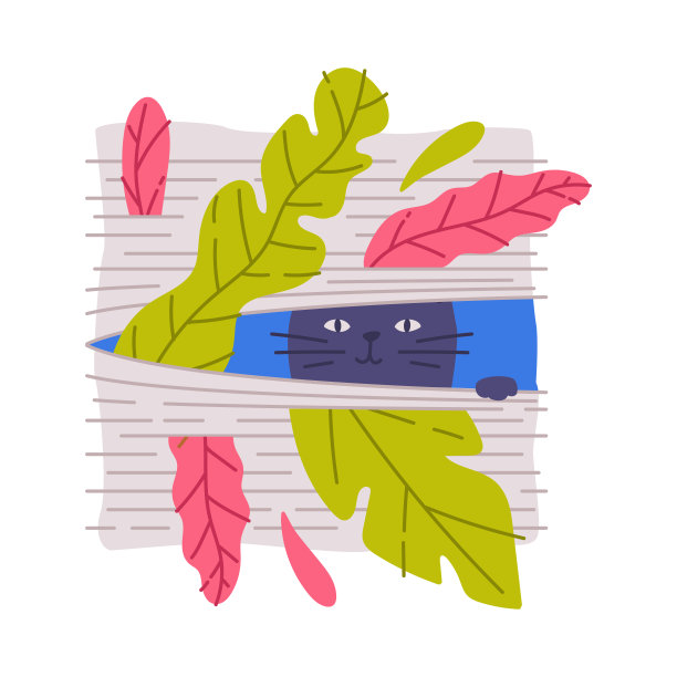 可爱的猫动物窥视窗外的窗帘与彩色树叶矢量插图图片下载