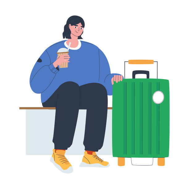 一个拿着咖啡的男人坐在车站或机场，等待航班或起飞。度假用的大行李箱。平面向量图片下载