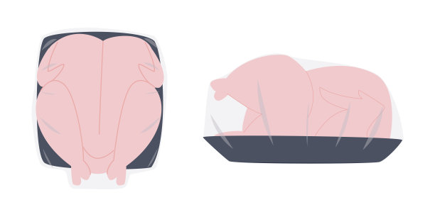 肉仔鸡胴体包装。厚厚的新鲜鸟类尸体。农场禽肉。平面向量图片下载