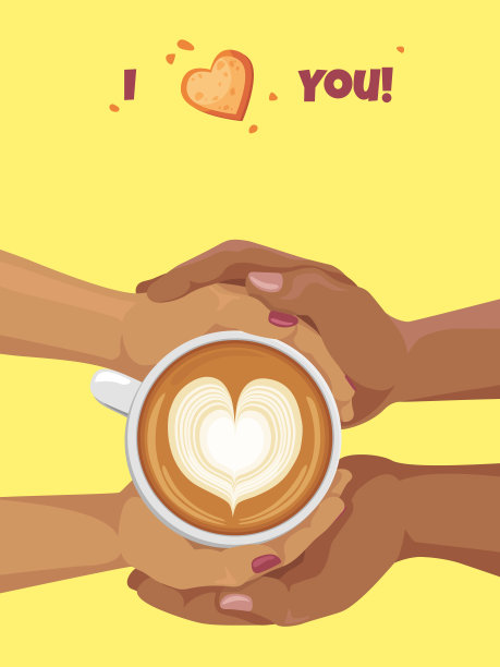 女人和男人手握咖啡杯。拿铁艺术。心型卡布奇诺奶油。前视图。卡通矢量插图。情人节的概念。图片下载