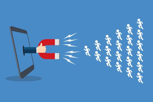 智能手机屏幕与手持磁铁吸引新客户图标。社会化媒体入站营销矢量概念图片下载