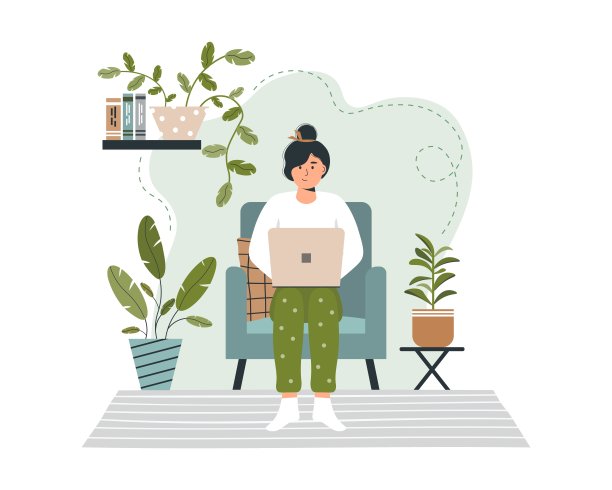 生态室内设计。绿色办公理念。生态友好的工作区。妇女在家庭办公室工作。角色坐在扶手椅上，拿着笔记本电脑。远程学习的概念。自由职业者的生活方式。图片下载