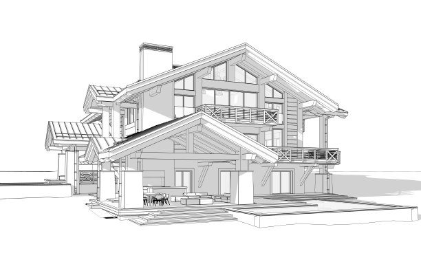 现代舒适小屋的三维渲染黑色线条在白色背景上图片下载