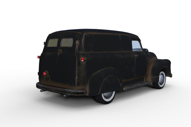 后方透视3D渲染一辆老黑色复古美国面板面包车孤立在白色背景。图片下载
