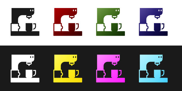 设置咖啡机图标孤立在黑色和图片下载