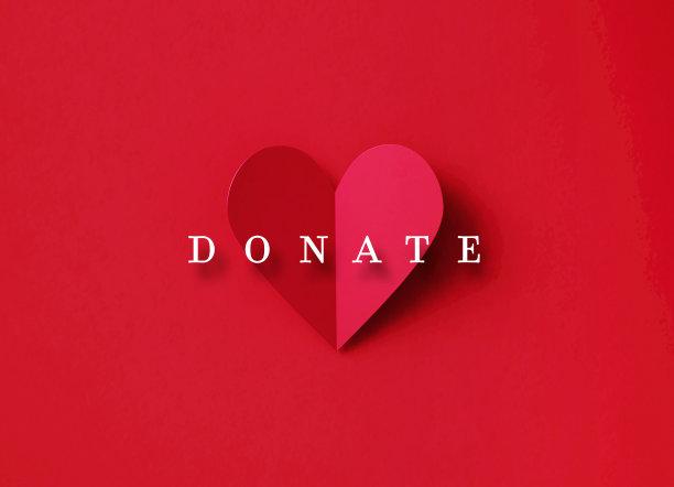 捐赠概念-捐赠信息在一个折叠的红心形状在红色的背景图片下载
