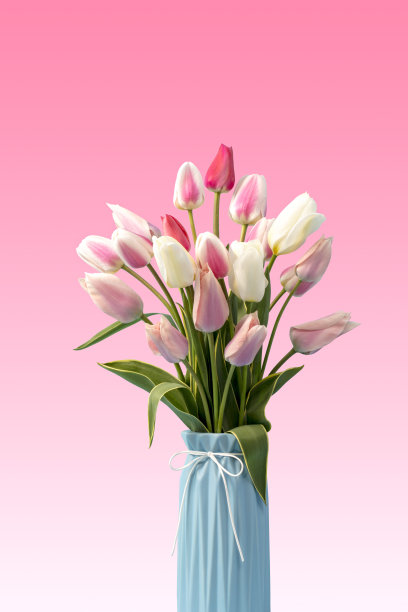 粉红色背景的花瓶里的郁金香花束图片下载
