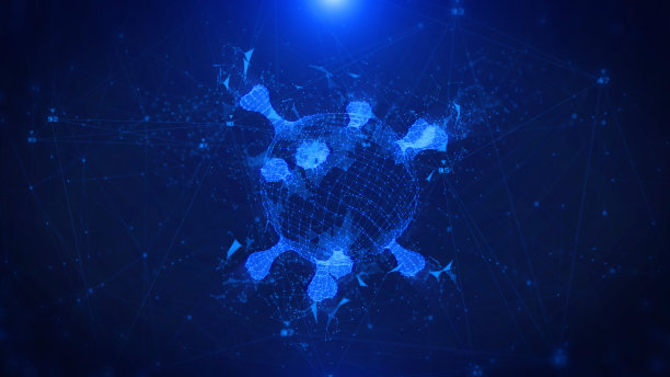 数字蓝色未来线框3D病毒细胞结构保健，科学医学概念背景。丛线点多边形结构数据传输通信插图背景。图片下载