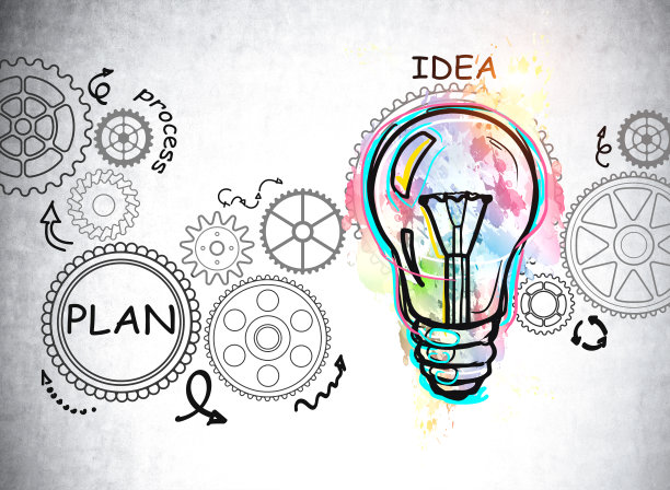 彩色素描在混凝土墙上与图标的灯泡图片下载