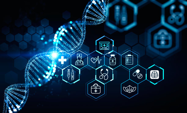 数字界面与dna图标，注射器，药丸，面具，手提箱图片下载