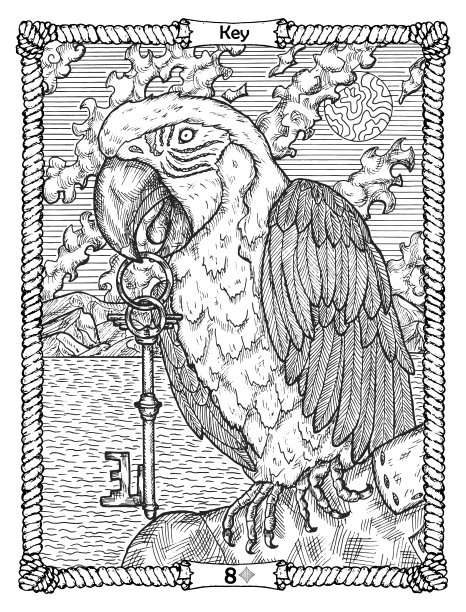 有鹦鹉的老海军莱诺曼德甲板的钥匙卡。航海复古背景，着色书页面，t恤和纹身矢量图形，海盗冒险概念。图片下载