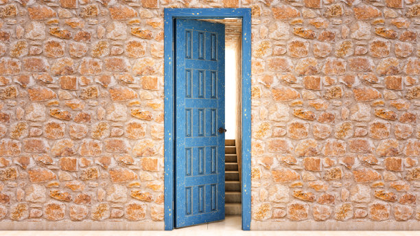 蓝色的门开在石墙上，3d开的门图片下载