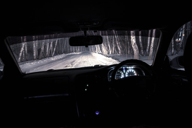 在下雪的冬夜，从汽车上看，前后背景被散景效果模糊图片下载
