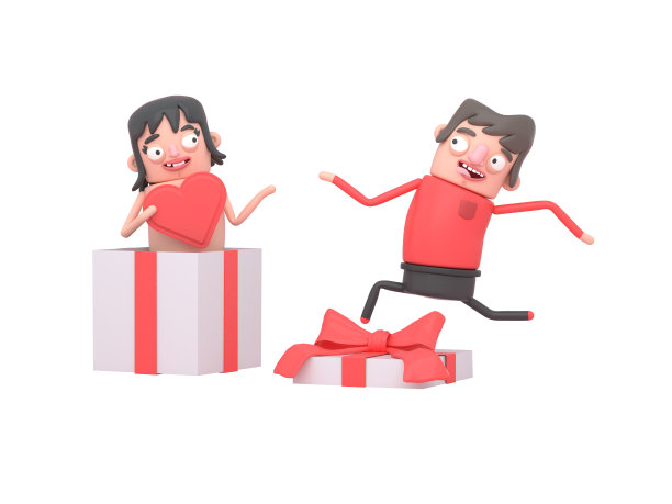 可爱的男孩跑向他的女朋友，他的女朋友拿着一个红色的心形礼物。盒子里的礼物。Love.3d插图。Isoalted。图片下载